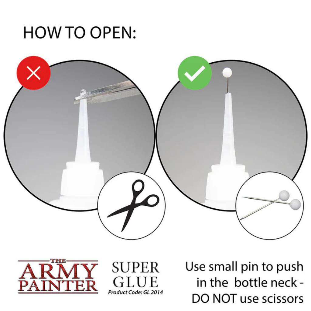 The Army Painter Super Glue GL2014 – instrukcja otwierania: użyj igły do przebicia szyjki butelki, nie używaj nożyczek
