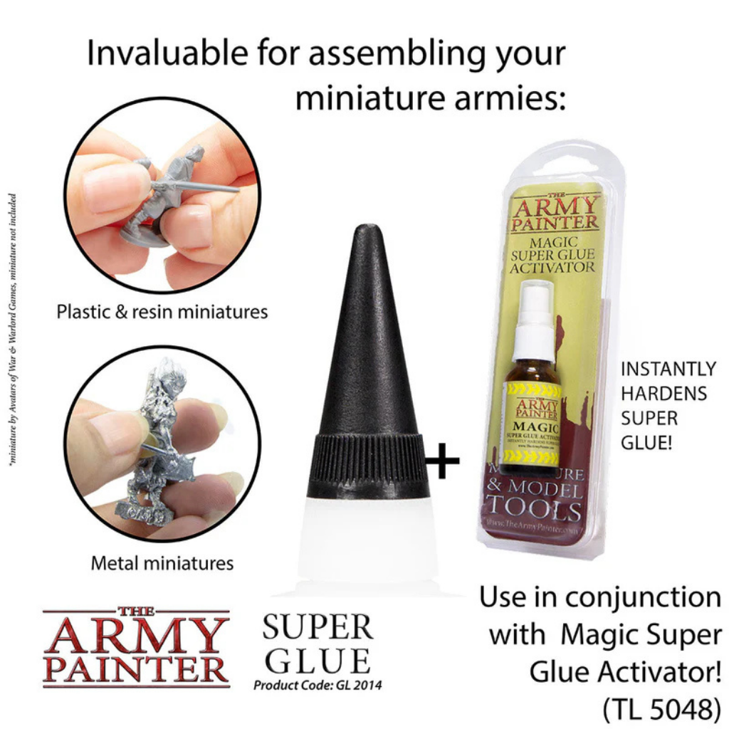 The Army Painter Super Glue GL2014 – zastosowanie do figurek z plastiku i metalu, kompatybilny z Magic Super Glue Activator TL5048

