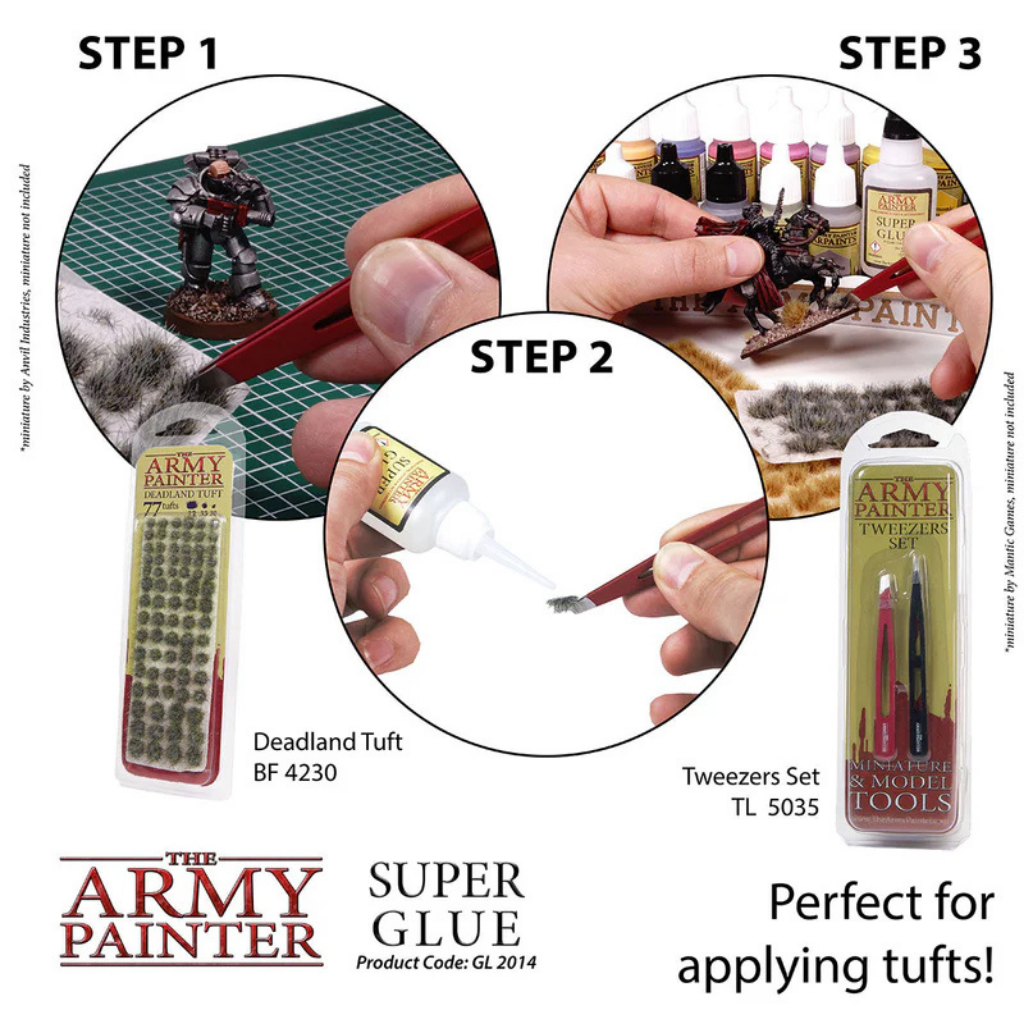 The Army Painter Super Glue GL2014 – 3 kroki aplikacji: klejenie tufts Deadland Tuft BF4230 pędzelkiem i pincetą Tweezers Set TL5035
