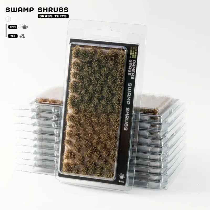 Swamp Shrubs 6mm Gamers Grass - opakowanie blister ze stosem produktów, widok z przodu z arkuszem 75 brązowo-zielonych kępek krzewów bagiennych i oznaczeniem 6mm 75x
