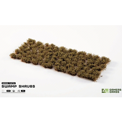Swamp Shrubs 6mm Gamers Grass - arkusz kępek krzewów bagiennych na białym tle z logo Gamers Grass i opisem produktu: Grass Tufts 6mm 75x
