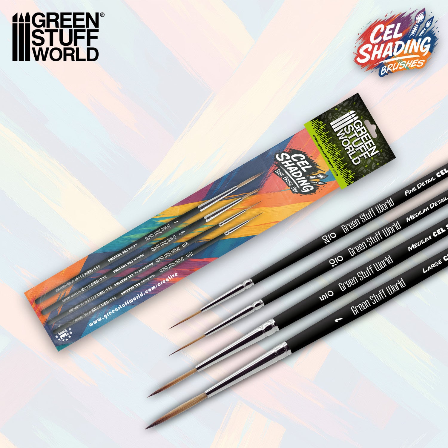 Green Stuff World Cel Shading Brushes Pack x4 - zestaw pędzli z opakowaniem Cel Shading Paint Brush Set