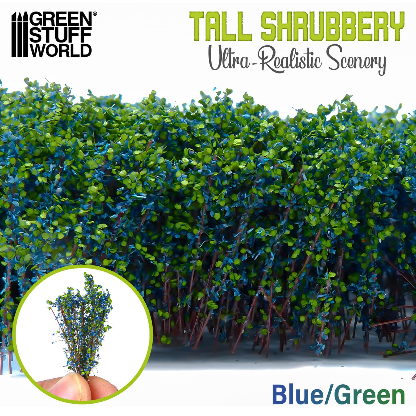 Tall Shrubbery Blue Green GSW - gęsty żywopłot z miniaturowych krzewów ze zbliżeniem na pojedynczy krzew w dłoni