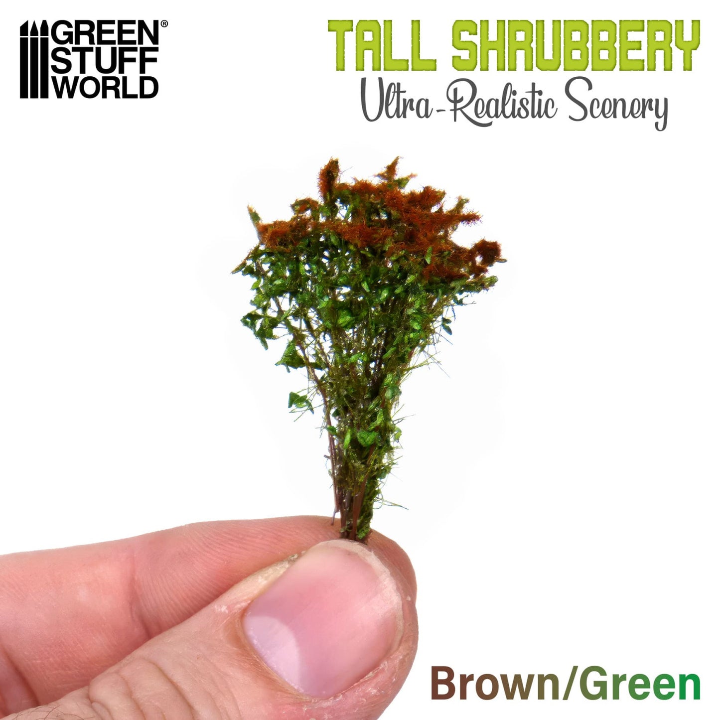 Tall Shrubbery Brown Green GSW - pojedynczy krzew trzymany w palcach pokazujący skalę ~4cm łodygi z brązowymi łodygami i zielonymi liśćmi