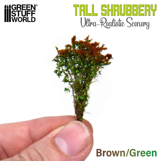 Tall Shrubbery Brown Green GSW - pojedynczy krzew trzymany w palcach pokazujący skalę ~4cm łodygi z brązowymi łodygami i zielonymi liśćmi