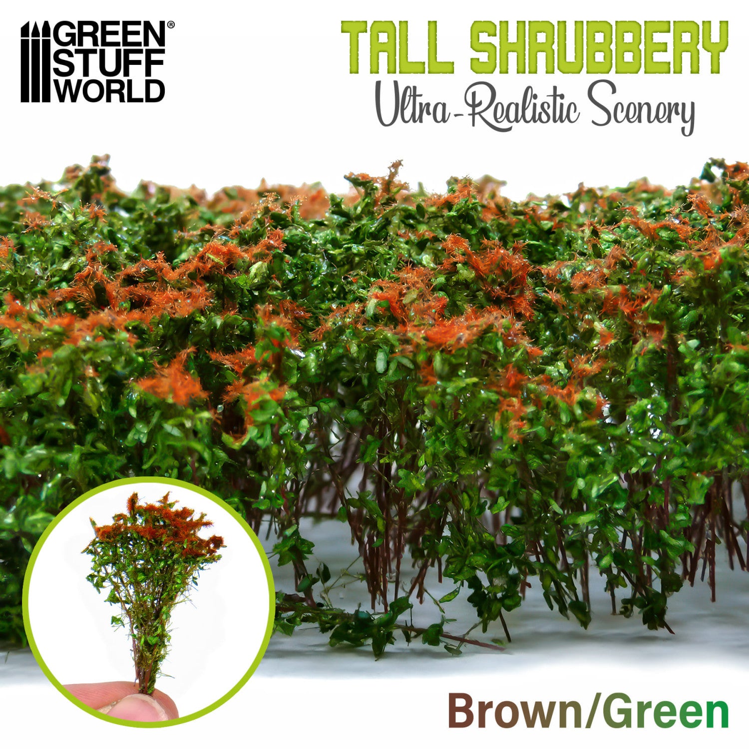 Tall Shrubbery Brown Green GSW - gęsty żywopłot z brązowo-zielonych krzewów z pomarańczowymi akcentami i wstawką pokazującą pojedynczy krzew w dłoni

