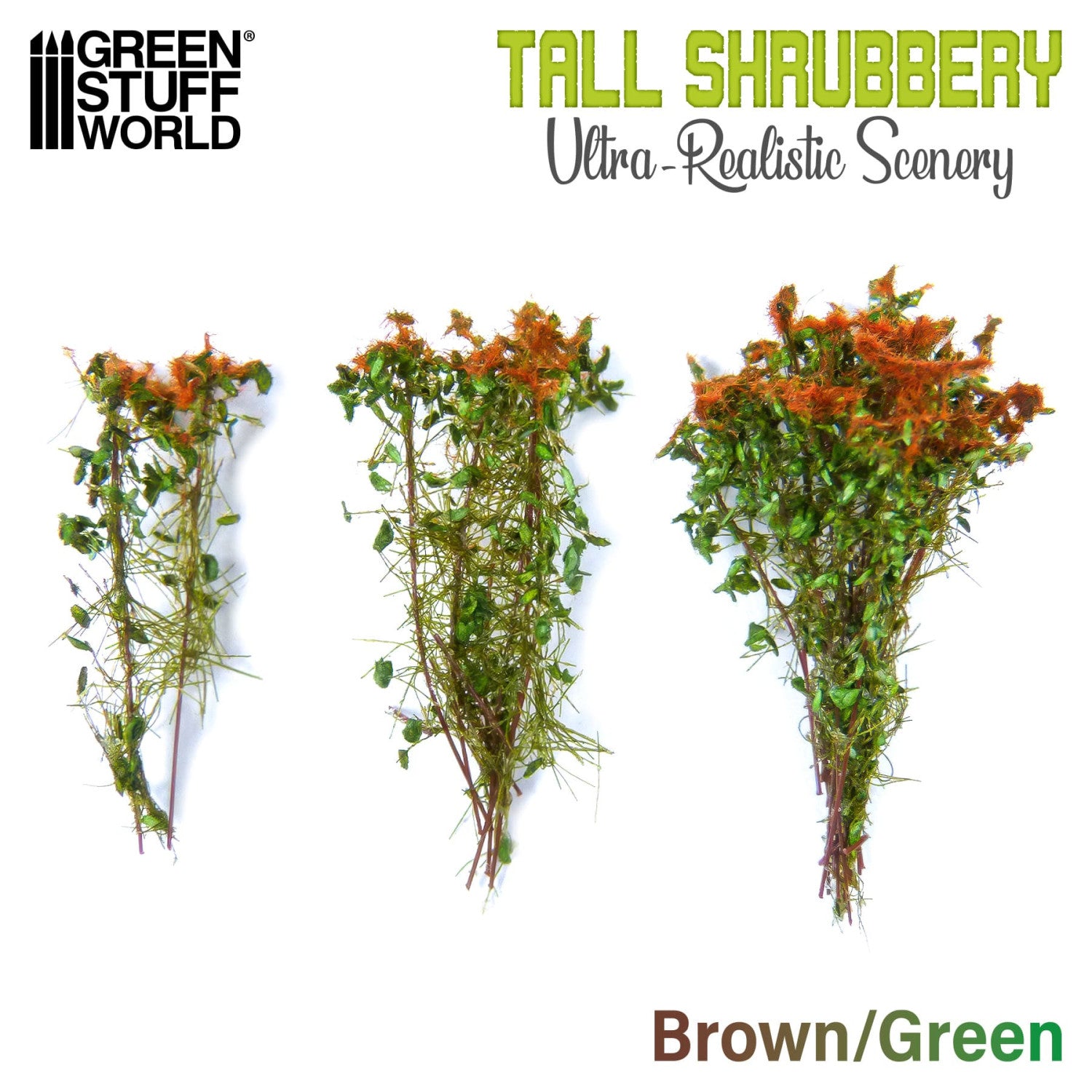 Tall Shrubbery Brown Green GSW - porównanie trzech rozmiarów krzewów: mały, średni i duży na białym tle z logo GSW