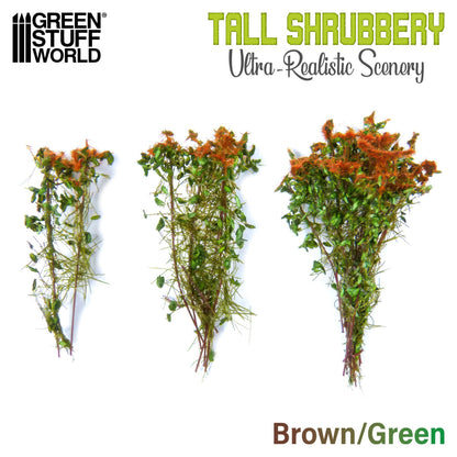 Tall Shrubbery Brown Green GSW - porównanie trzech rozmiarów krzewów: mały, średni i duży na białym tle z logo GSW