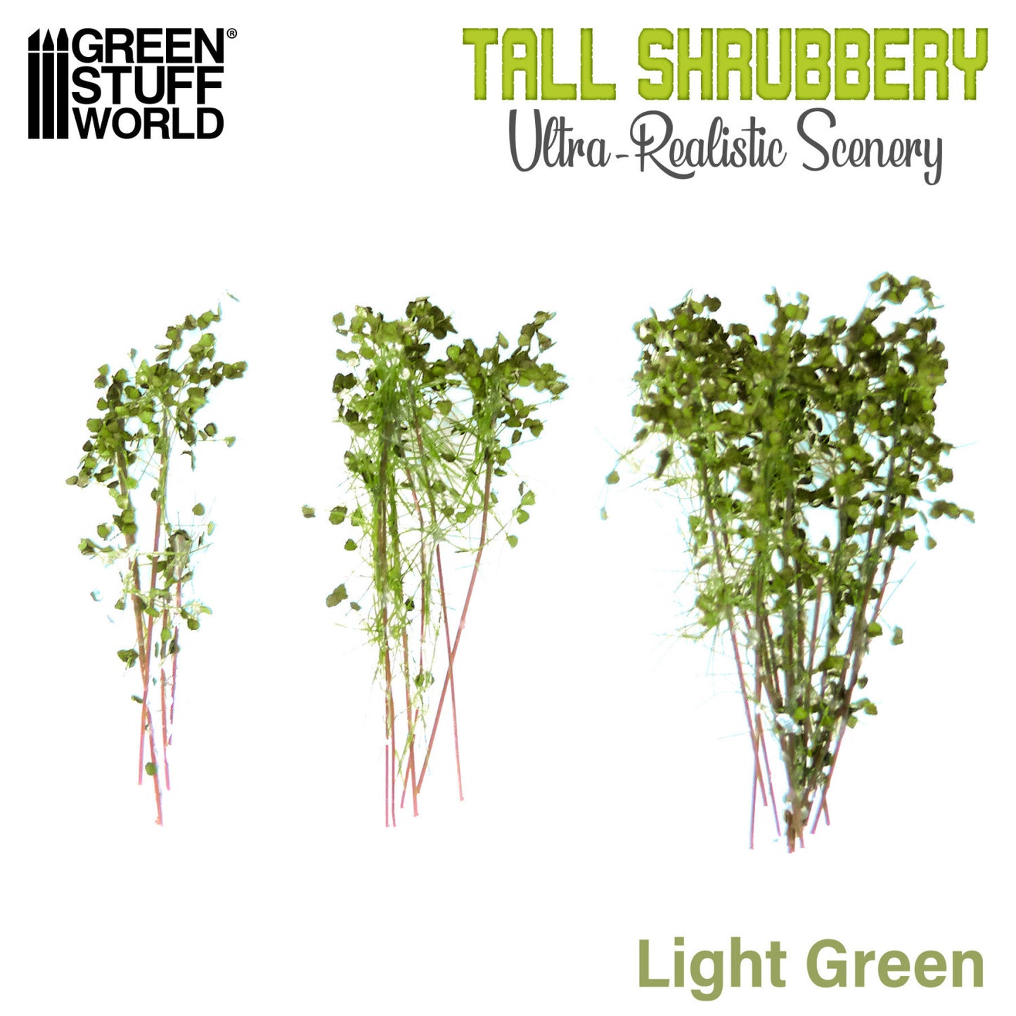 Tall Shrubbery Light Green GSW - porównanie trzech rozmiarów krzewów: mały, średni i duży na białym tle z logo GSW