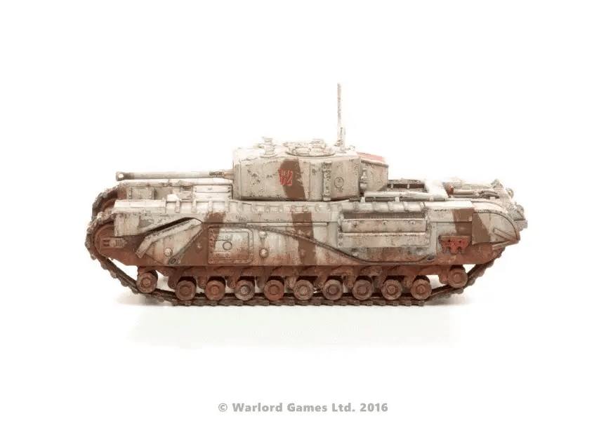 Zdjęcie 3 (Churchill whitewash): Churchill Tank - Bolt Action 28mm - whitewash kamuflaż zimowy 75mm gun widok z boku weathering - Warlord Games