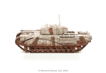 Zdjęcie 3 (Churchill whitewash): Churchill Tank - Bolt Action 28mm - whitewash kamuflaż zimowy 75mm gun widok z boku weathering - Warlord Games
