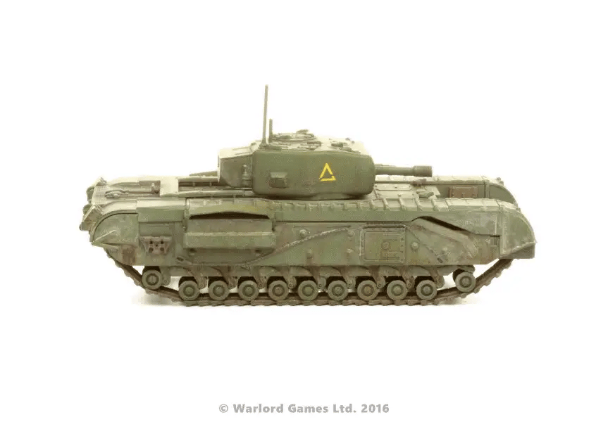 Churchill Tank MkV - Bolt Action 28mm - odlewana wieża 95mm howitzer British green widok z boku - Warlord Games