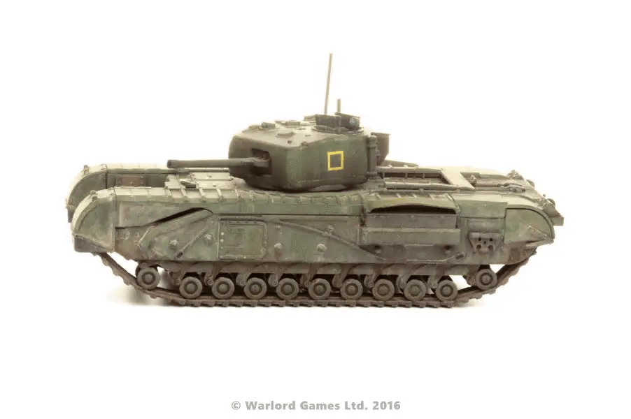 Churchill Tank MkIII - Bolt Action 28mm - spawana wieża 6pdr gun British green widok z boku - Warlord Games