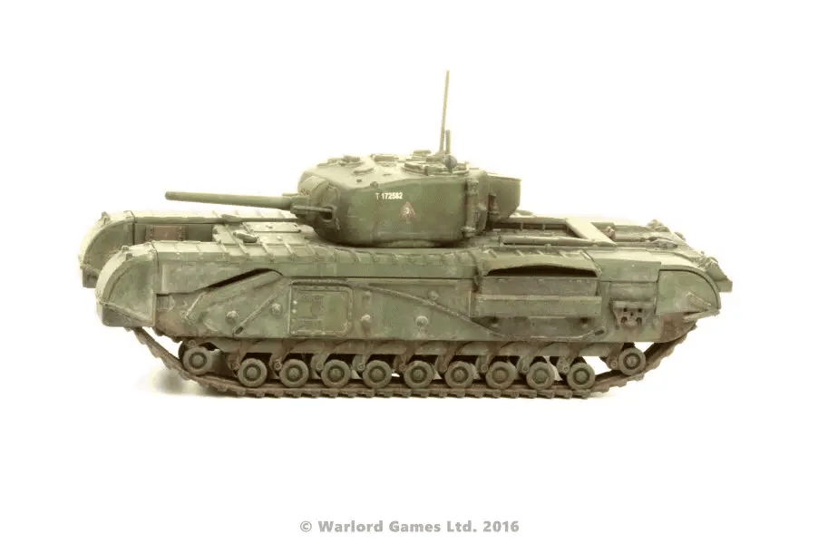 Churchill Tank MkVI - Bolt Action 28mm - odlewana wieża 75mm gun British green widok z boku - Warlord Games