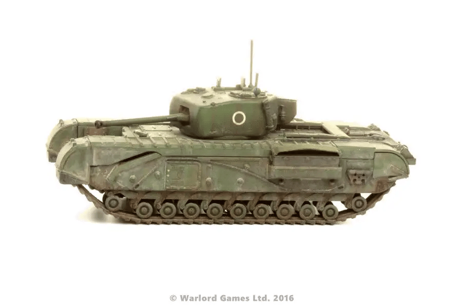 Churchill Tank MkIV - Bolt Action 28mm - odlewana wieża 6pdr gun British green widok z boku - Warlord Games