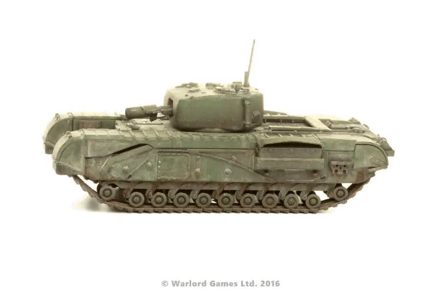 Churchill Tank AVRE - Bolt Action 28mm - Petard mortar 290mm flying dustbin British green widok z boku - Warlord Games