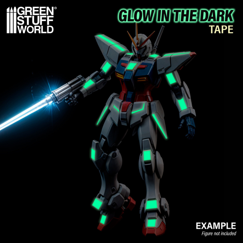 Glow in the Dark Tape 10mm Green Stuff World – przykład zastosowania na figurce Gundam świecącej zielono w ciemności
