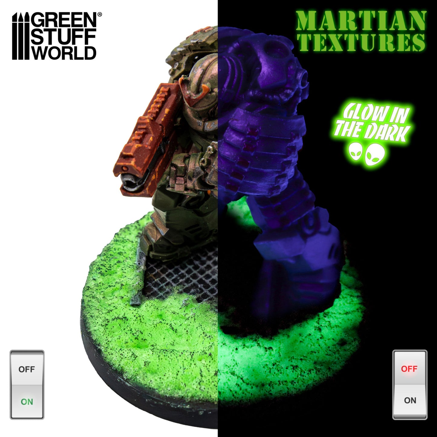 Green Stuff World Martian Textures 3715 Fluor Green – porównanie podstawki figurki Space Marine w świetle dziennym (zielona faktura) i w ciemności (świecąca zielono-niebieskim blaskiem), efekt Glow In The Dark, Green Stuff World
