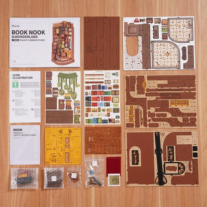 Cicha Pracownia Silent Corner Study Rolife TGE02 – zbliżenie na półki z książkami: setki miniaturowych tomów w różnych kolorach i oprawach