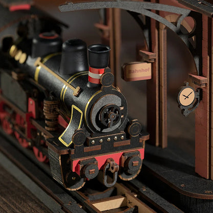 Parowóz Steam Journey Rolife TGS01 – pudełko zestawu 3D Puzzle z ilustracją pociągu i informacjami: 407 el., 3,5h, 14+