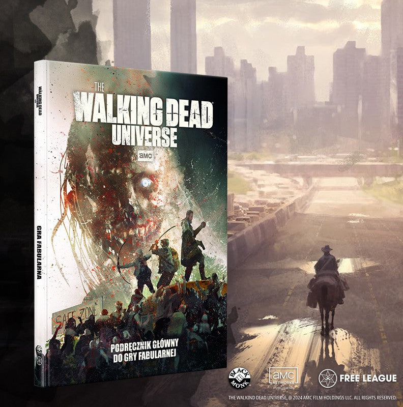 The Walking Dead Universe: Gra Fabularna – okładka podręcznika głównego z zombie i grupą ocalałych, wydanie polskie Black Monk
