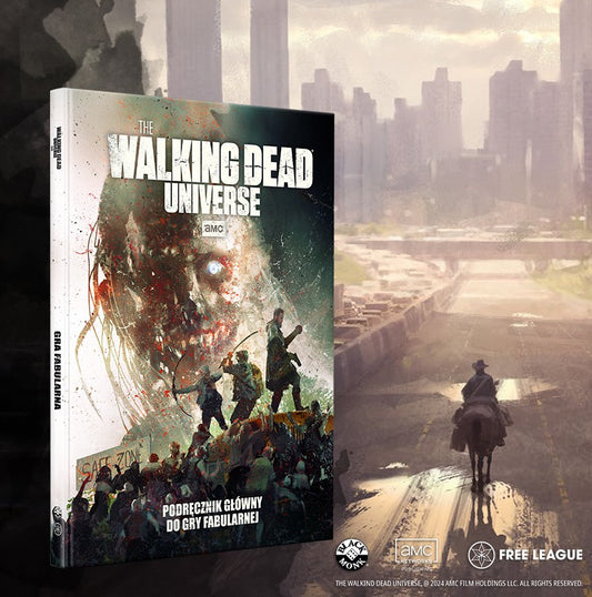 The Walking Dead Universe: Gra Fabularna – okładka podręcznika głównego z zombie i grupą ocalałych, wydanie polskie Black Monk
