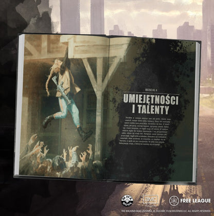 The Walking Dead Universe: Gra Fabularna – rozkładówka z rozdziałem Umiejętności i Talenty, ilustracja kobiety skaczącej nad hordą zombie
