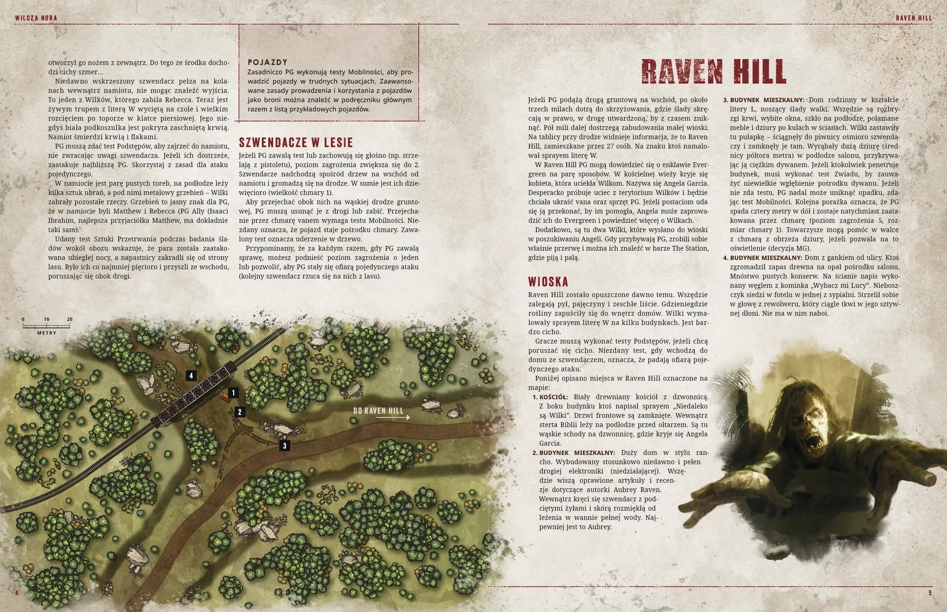 The Walking Dead Universe: Wilcza Nora – rozkładówka ze scenariusza z mapą lokacji Raven Hill i tekstem przygody
