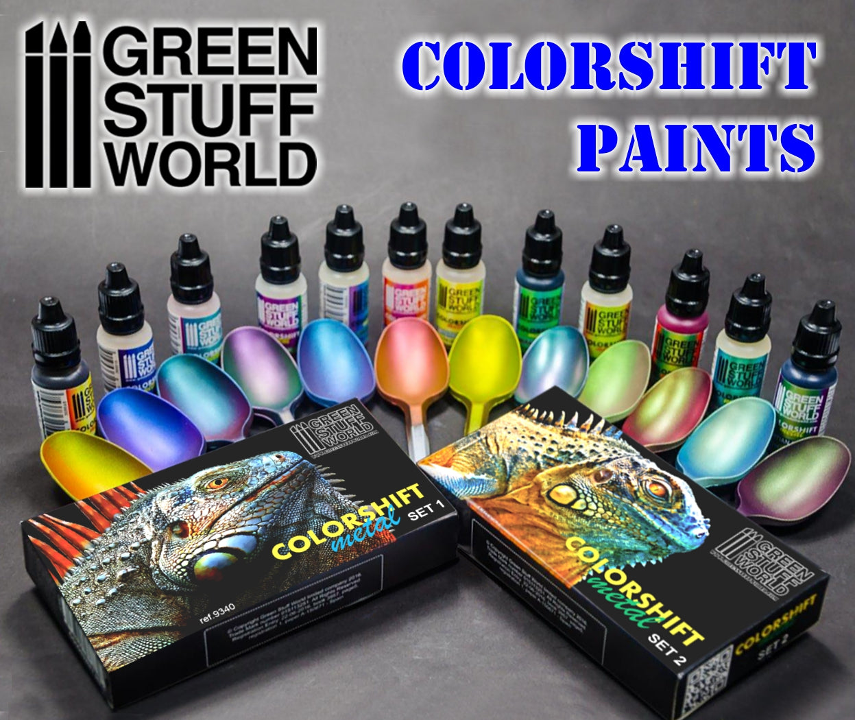 Green Stuff World Colorshift Metal Chameleon Paints Tutorial 1 - Our Colors - zestaw wszystkich farb kameleon Colorshift Metal Set 1 i Set 2 z próbkami kolorów na łyżeczkach - Green Stuff World
