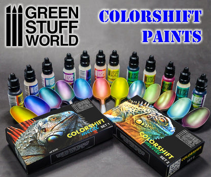 Green Stuff World Colorshift Metal Chameleon Paints Tutorial 1 - Our Colors - zestaw wszystkich farb kameleon Colorshift Metal Set 1 i Set 2 z próbkami kolorów na łyżeczkach - Green Stuff World
