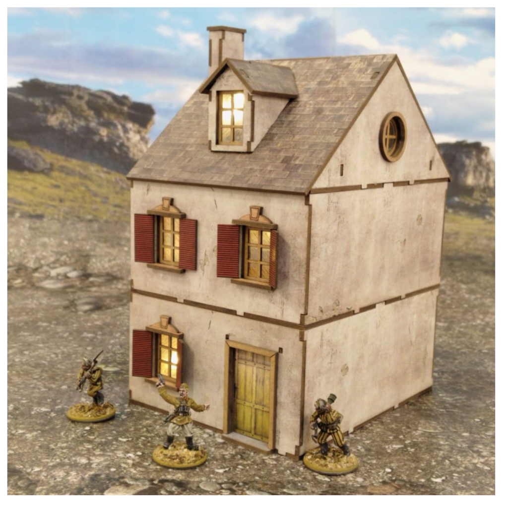 Europejski Dom Trzypiętrowy 28mm – na stole z figurkami żołnierzy WWII, SceneryWargames
