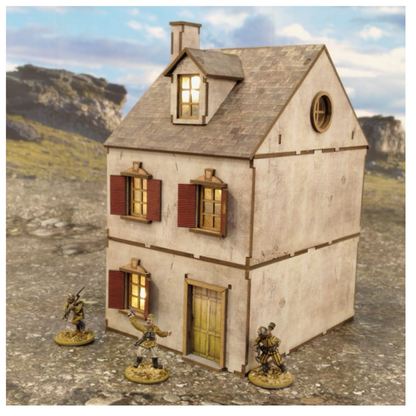 Europejski Dom Trzypiętrowy 28mm – na stole z figurkami żołnierzy WWII, SceneryWargames
