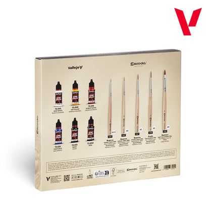 Vallejo Escoda Ultimate Miniature Set 72.206 pudełko tył - zawartość zestawu 6 farb Game Color i 5 pędzli Reserva Prado Barroco - Vallejo
