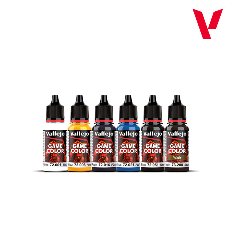 Vallejo Ultimate Miniature Set 72.206 - 6 farb Game Color Dead White Sun Yellow Scarlet Blood Magic Blue Black Sepia Wash 18ml - Vallejo
