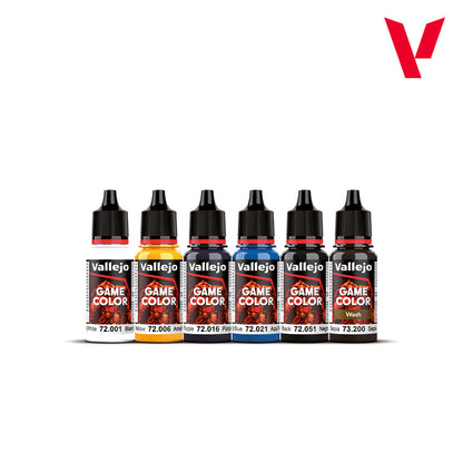 Vallejo Ultimate Miniature Set 72.206 - 6 farb Game Color Dead White Sun Yellow Scarlet Blood Magic Blue Black Sepia Wash 18ml - Vallejo
