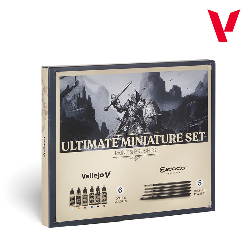 Vallejo Escoda Ultimate Miniature Set 72.206 pudełko przód - zestaw startowy 6 farb Game Color i 5 pędzli Escoda do malowania figurek - Vallejo
