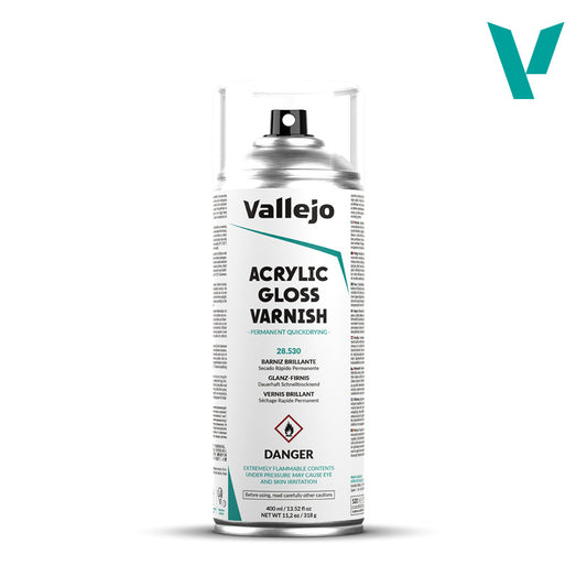 `Vallejo Acrylic Gloss Spray Varnish 28.530 - błyszczący lakier akrylowy w sprayu 400ml do ochrony i wykończenia figurek i modeli - Vallejo`