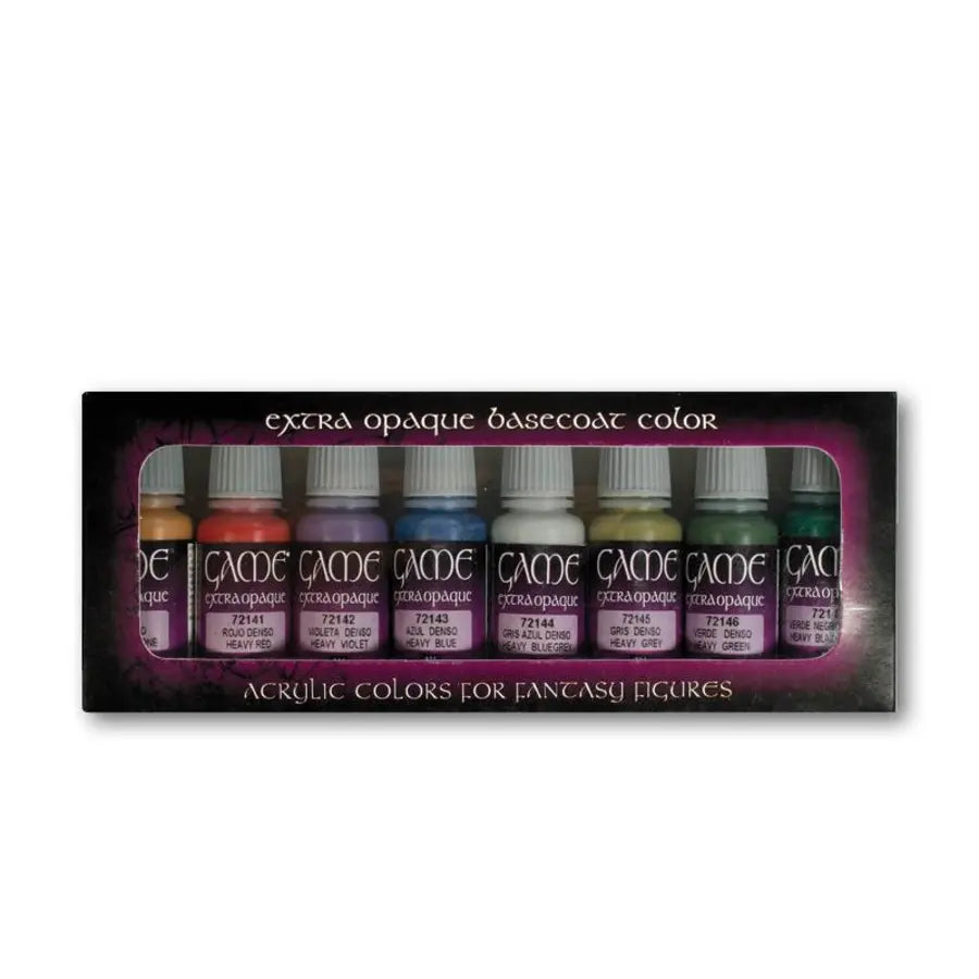 Vallejo Game Color Extra Opaque 72294 - zestaw 8 kryjących farb bazowych Heavy Skin Tone Heavy Red Heavy Violet Heavy Blue Heavy Blue Grey Heavy Grey Heavy Green Heavy Black Green do figurek fantasy - Vallejo
