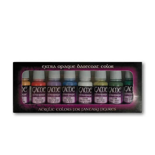 Vallejo Game Color Extra Opaque 72294 - zestaw 8 kryjących farb bazowych Heavy Skin Tone Heavy Red Heavy Violet Heavy Blue Heavy Blue Grey Heavy Grey Heavy Green Heavy Black Green do figurek fantasy - Vallejo
