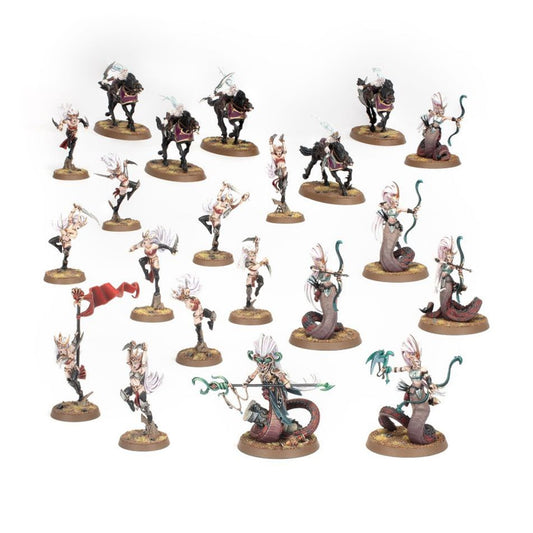 Vanguard Daughters of Khaine - widok grupowy 21 modeli Witch Aelves Blood Sisters Doomfire Warlocks Melusai Ironscale brązowe podstawki Age of Sigmar