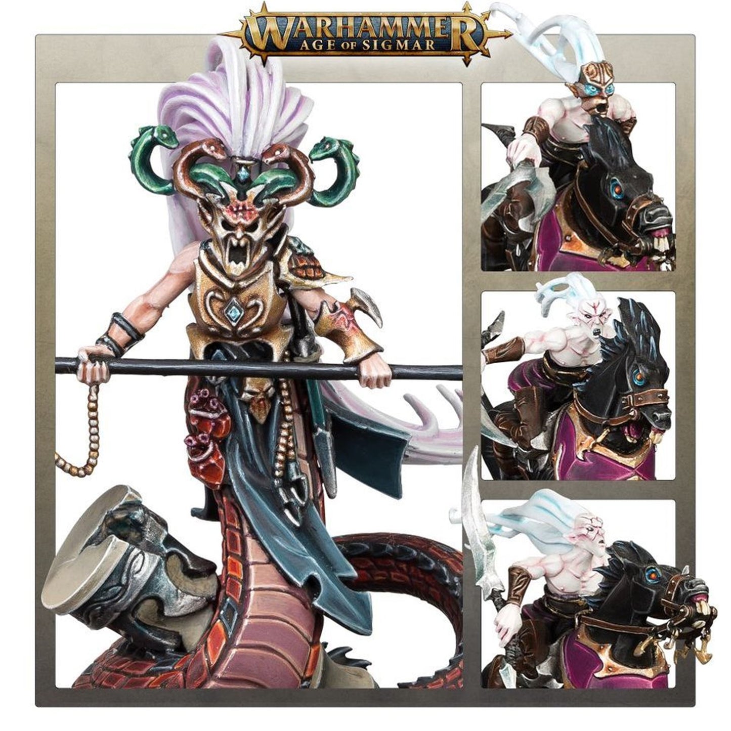 Melusai Ironscale i Doomfire Warlocks - plansza 4 kadry: Ironscale brązowa maska zielone węże włócznia; Warlock biały topknot czarny koń; Warlock biały topknot sierp; Warlock biały topknot czarny koń Age of Sigmar