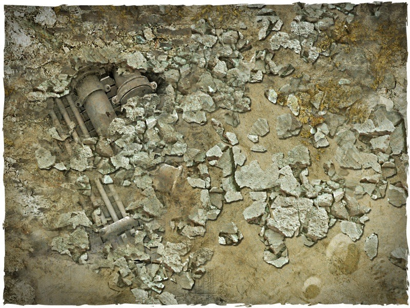 Urban Wasteland – Mata do gry Mousepad Deep-Cut Studio – zbliżenie ruin z rurami i gruzem ze skalą 25mm
