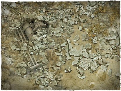 Urban Wasteland – Mata do gry Mousepad Deep-Cut Studio – zbliżenie ruin z rurami i gruzem ze skalą 25mm
