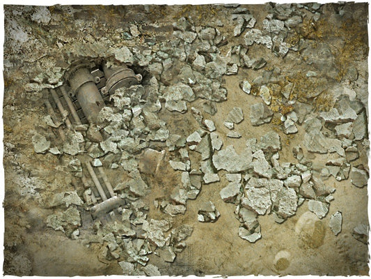 Urban Wasteland – Mata do gry Mousepad Deep-Cut Studio – zbliżenie ruin z rurami i gruzem ze skalą 25mm
