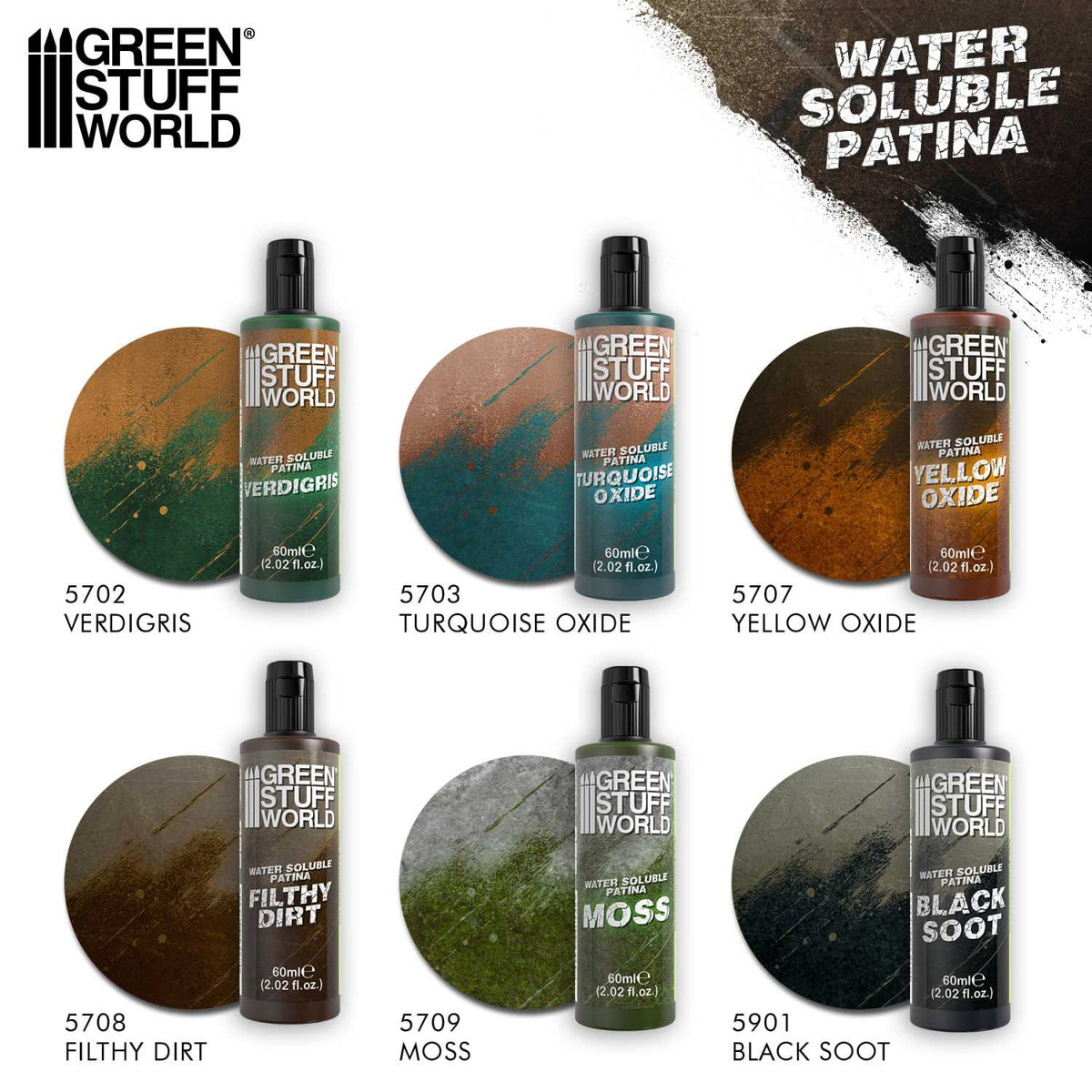 Water Soluble Patina Green Stuff World – przegląd całej linii patyn wodnych 60ml: Verdigris, Turquoise Oxide, Yellow Oxide, Filthy Dirt, Moss, Black Soot (SKU 5901) z próbkami efektów
