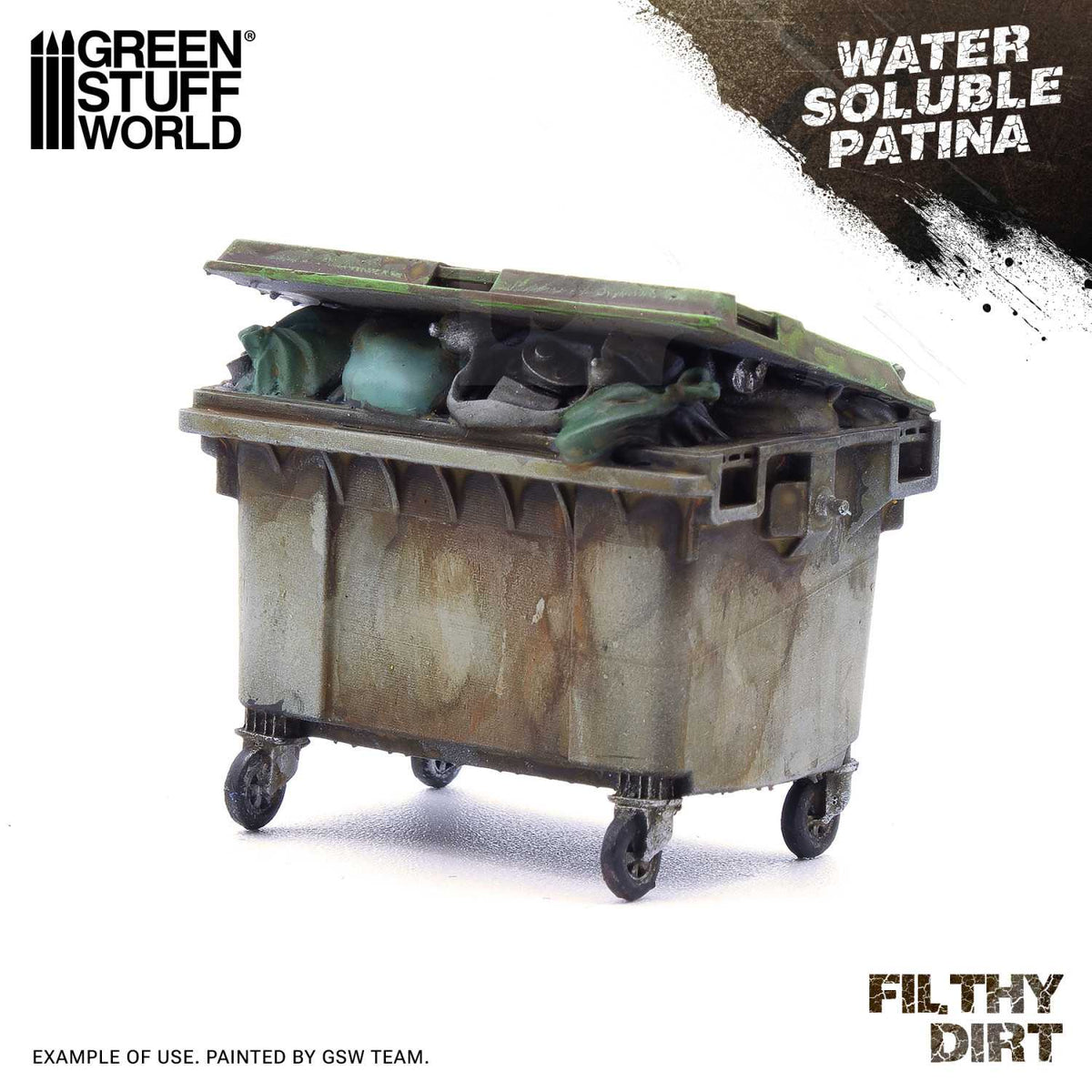 Water Soluble Patina Filthy Dirt Green Stuff World – przykład użycia: model śmietnika pokryty patyną brudu i kurzu, napis "Water Soluble Patina Filthy Dirt", przykład wykonany przez zespół GSW
