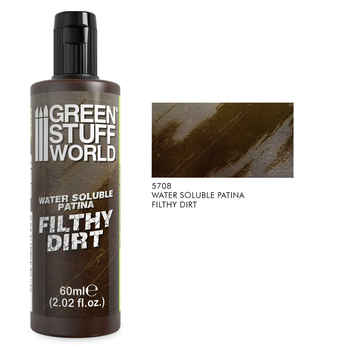 Water Soluble Patina Filthy Dirt Green Stuff World – butelka 60ml (2.02 fl.oz.) z próbką efektu brudnej ziemi na drewnie, SKU 5708, napis "Water Soluble Patina Filthy Dirt"
