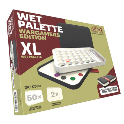 The Army Painter Wet Palette Wargamers Edition XL TL5057P – pudełko produktu z widokiem palety, zawartość: 50 Hydro Sheets i 2 Hydro Foam, napis Keeps Your Paints Fresh for Longer
