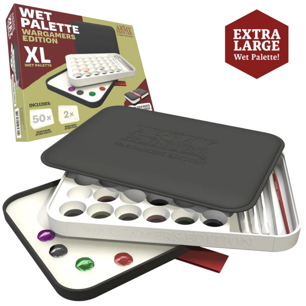 The Army Painter Wet Palette Wargamers Edition XL TL5057P – paleta otwarta z tacką na 30 studzienek i dużą powierzchnią roboczą, obok pudełko z opisem zawartości, oznaczenie Extra Large
