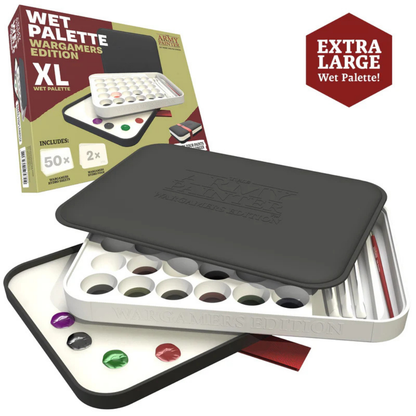 The Army Painter Wet Palette Wargamers Edition XL TL5057P – paleta otwarta z tacką na 30 studzienek i dużą powierzchnią roboczą, obok pudełko z opisem zawartości, oznaczenie Extra Large

